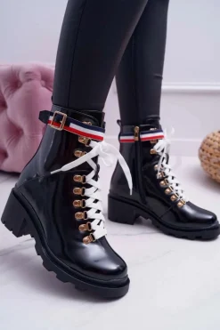 Boto Botki Sznurowane|Botki Zimowe Damskie*Botki Damskie Płaski Obcas Wysokie Glany Czarne Hippe