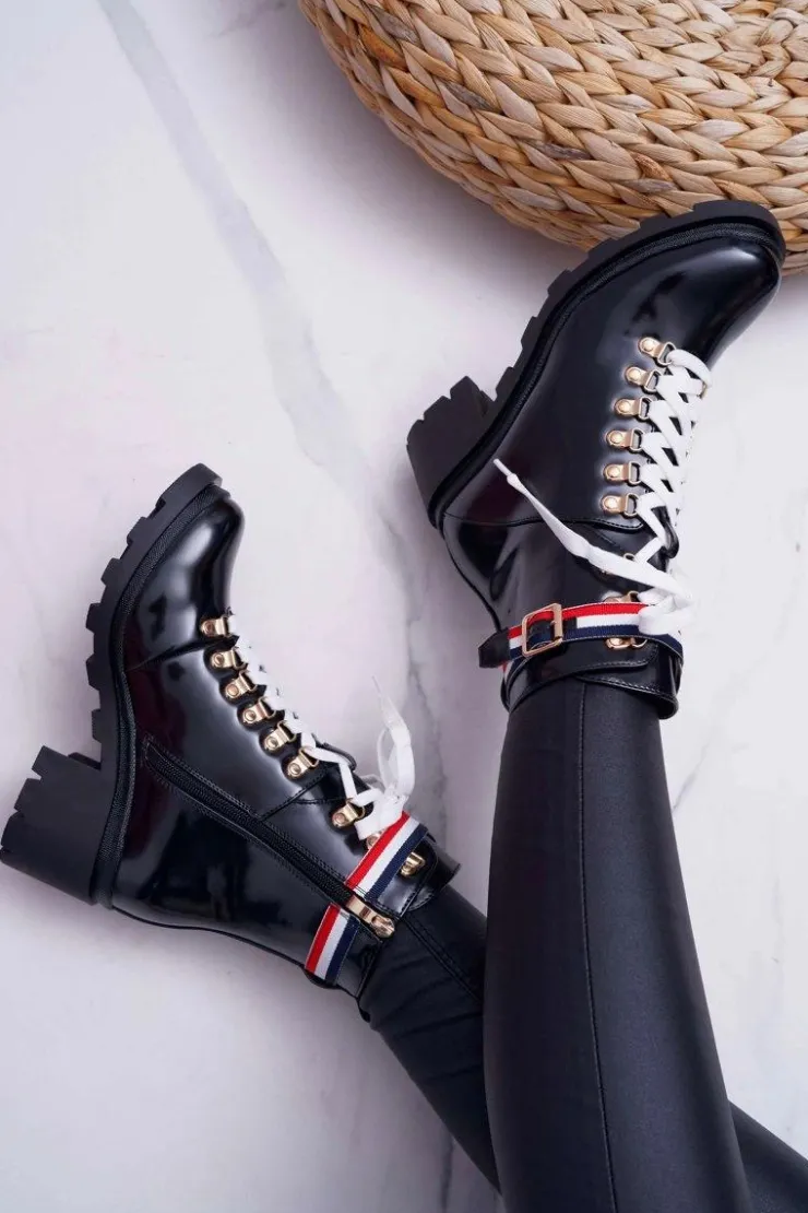 Boto Botki Sznurowane|Botki Zimowe Damskie*Botki Damskie Płaski Obcas Wysokie Glany Czarne Hippe