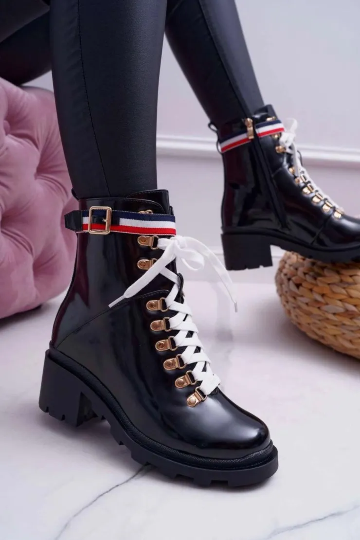 Boto Botki Sznurowane|Botki Zimowe Damskie*Botki Damskie Płaski Obcas Wysokie Glany Czarne Hippe