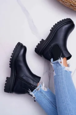 Clearance Boto Botki Damskie Płaski Obcas Ciepłe Czarne Orion