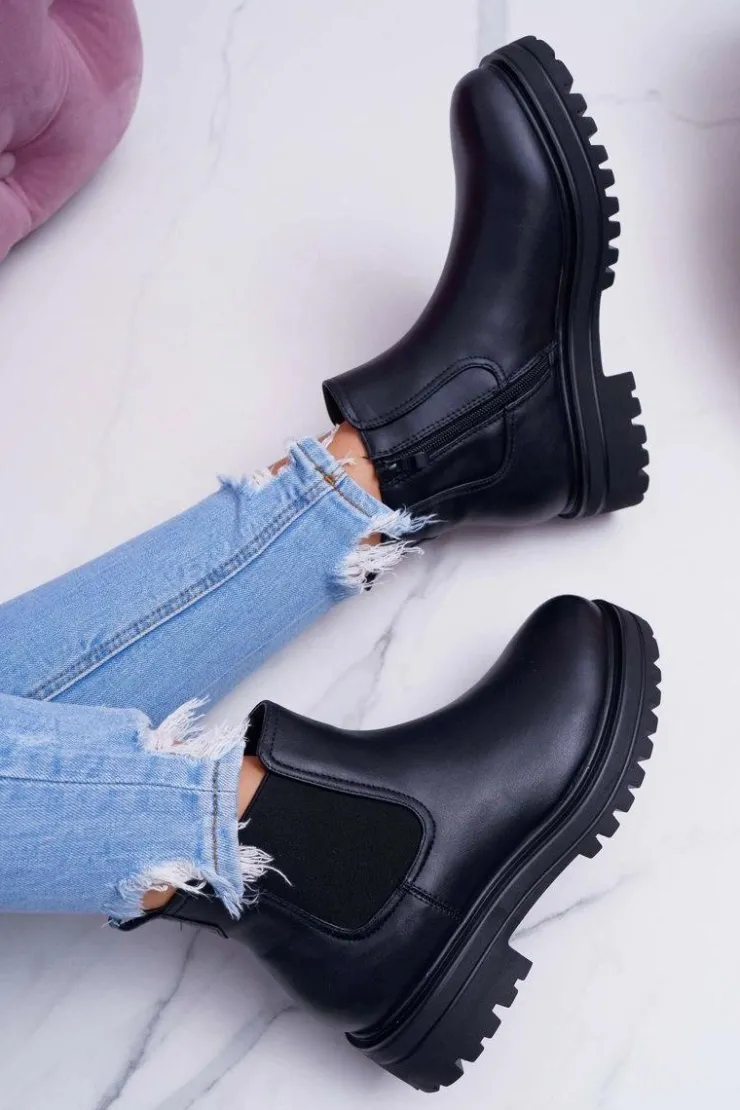 Clearance Boto Botki Damskie Płaski Obcas Ciepłe Czarne Orion