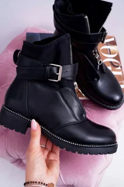 Damskie Boto Botki Damskie Płaski Obcas Militarne Czarne Travist