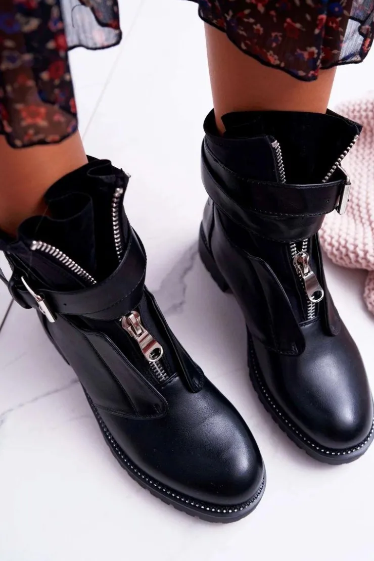 Damskie Boto Botki Damskie Płaski Obcas Militarne Czarne Travist