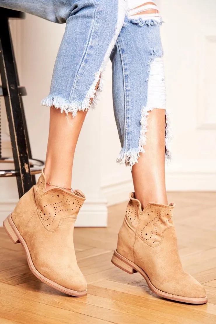 Damskie Boto Botki Damskie Płaski Obcas Zamszowe Ażurowe Beżowe Raffe