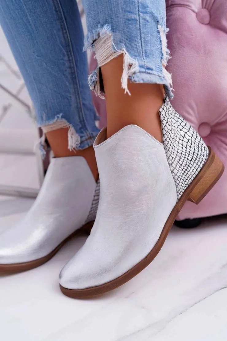 Damskie Boto Botki Damskie Płaski Obcas Wiosenne Skórzane Srebrne Madness