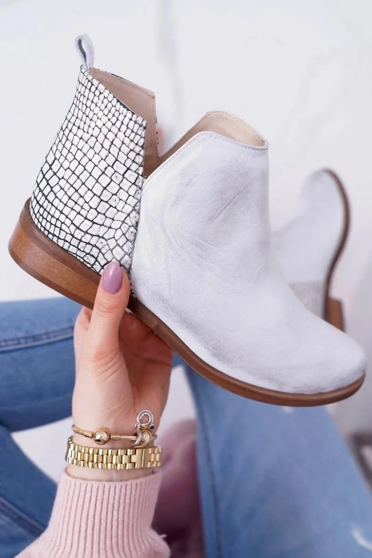 Damskie Boto Botki Damskie Płaski Obcas Wiosenne Skórzane Srebrne Madness