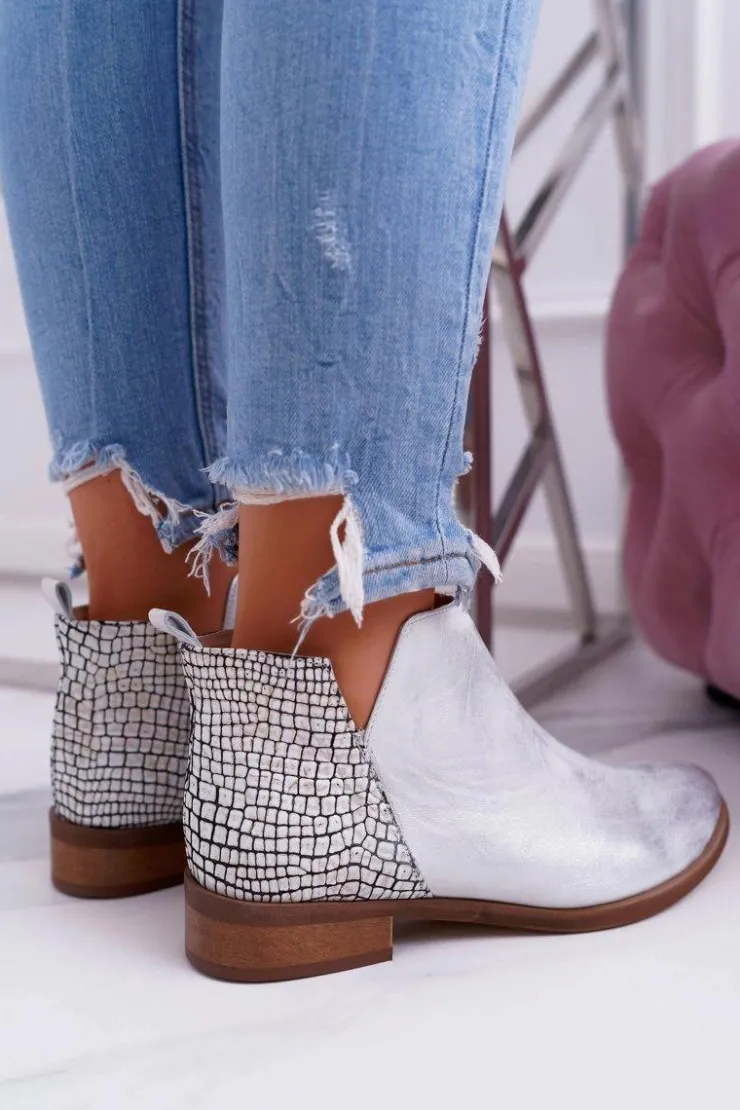 Damskie Boto Botki Damskie Płaski Obcas Wiosenne Skórzane Srebrne Madness