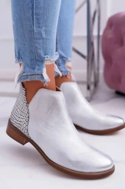 Damskie Boto Botki Damskie Płaski Obcas Wiosenne Skórzane Srebrne Madness