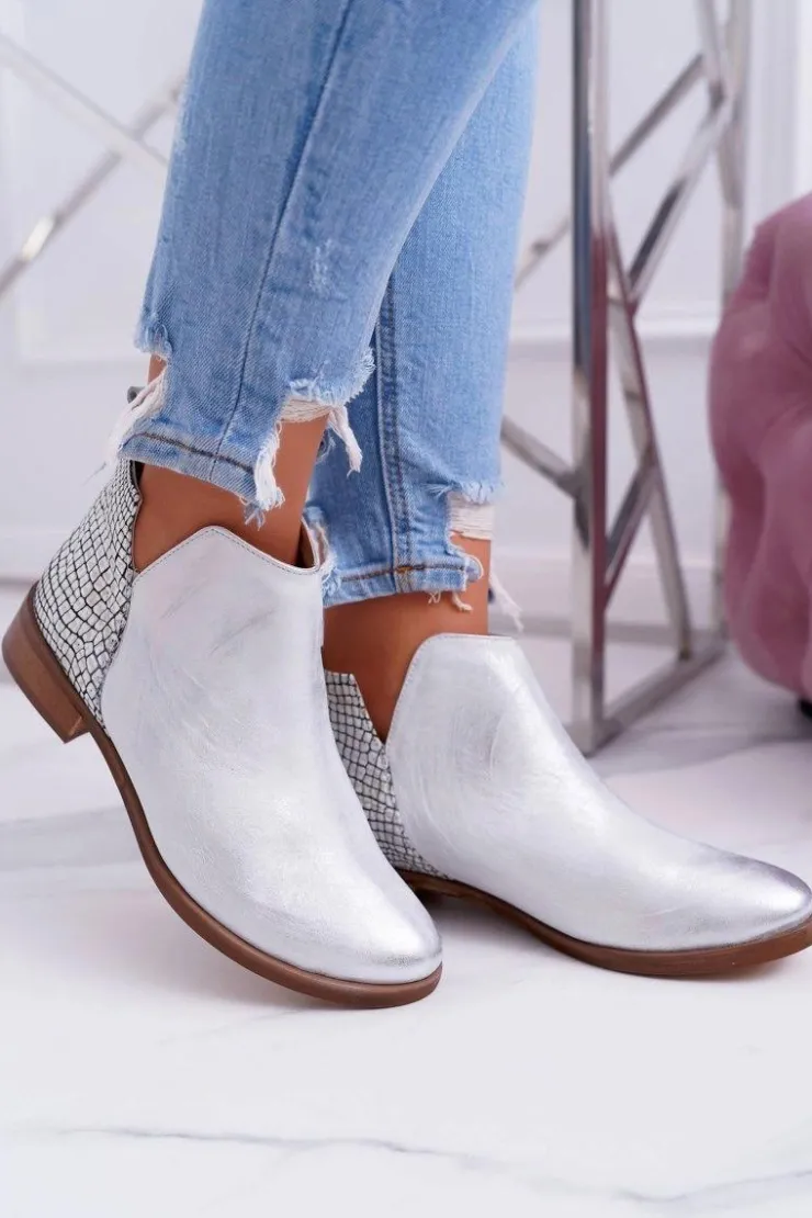 Damskie Boto Botki Damskie Płaski Obcas Wiosenne Skórzane Srebrne Madness