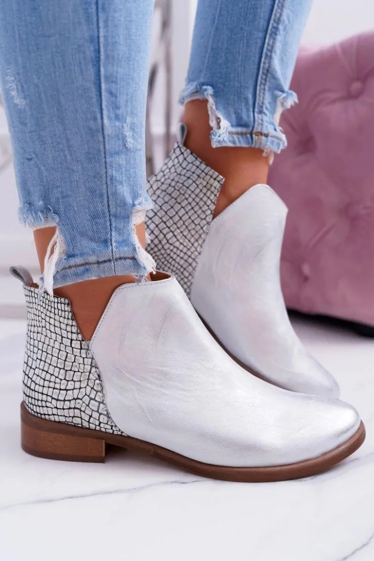 Damskie Boto Botki Damskie Płaski Obcas Wiosenne Skórzane Srebrne Madness