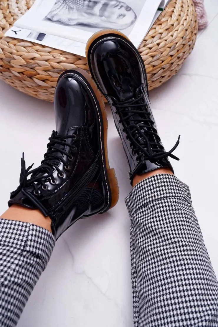 Boto Botki Sznurowane|Botki Zimowe Damskie*Botki Damskie Płaski Obcas Wysokie Glany Lakierowane Czarne Martenis