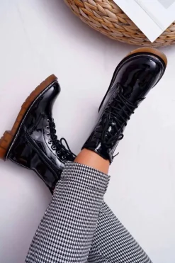 Boto Botki Sznurowane|Botki Zimowe Damskie*Botki Damskie Płaski Obcas Wysokie Glany Lakierowane Czarne Martenis