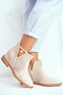 Best Boto Botki Damskie Płaski Obcas Zamszowe Ażurowe Cappuccino Shades