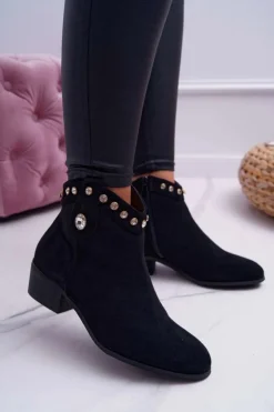 New Boto Botki Damskie Płaski Obcas Kowbojki Z Cyrkoniami Czarne Patti