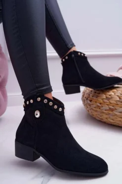 New Boto Botki Damskie Płaski Obcas Kowbojki Z Cyrkoniami Czarne Patti