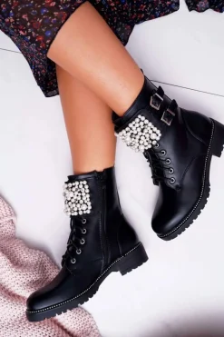 Online Boto Botki Damskie Płaski Obcas Militarne Czarne Bemmer