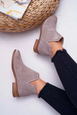 Outlet Boto Botki Damskie Płaski Obcas Wiosenne Skórzane Cappuccino Madness