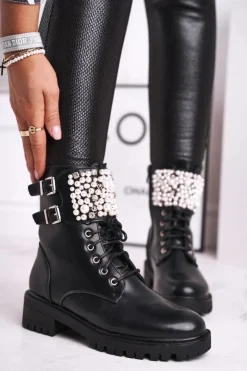Boto Botki Sznurowane|Czarne Botki*Botki Damskie Płaski Obcas Militarne Czarne Bemmer