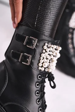 Boto Botki Sznurowane|Czarne Botki*Botki Damskie Płaski Obcas Militarne Czarne Bemmer