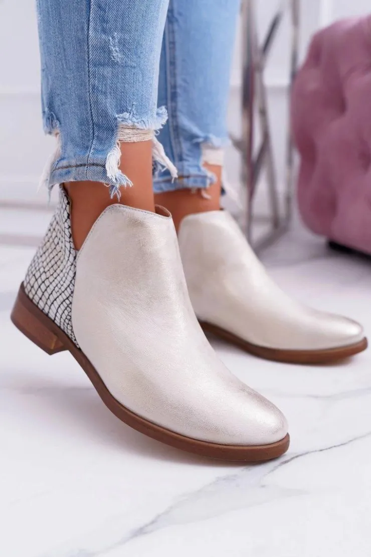 Outlet Boto Botki Damskie Płaski Obcas Wiosenne Skórzane Przecierane Złoto Madness