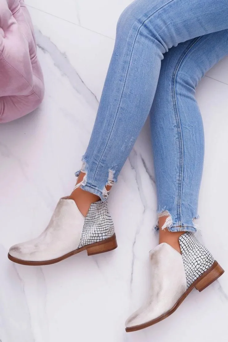 Outlet Boto Botki Damskie Płaski Obcas Wiosenne Skórzane Przecierane Złoto Madness