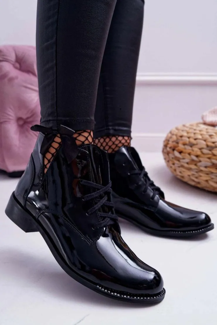 Outlet Boto Botki Damskie Płaski Obcas Lakierowane Czarne Nicole 2420