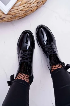 Outlet Boto Botki Damskie Płaski Obcas Lakierowane Czarne Nicole 2420