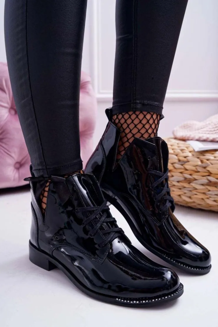 Outlet Boto Botki Damskie Płaski Obcas Lakierowane Czarne Nicole 2420