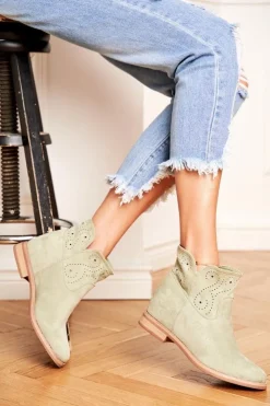 Best Boto Botki Damskie Płaski Obcas Zamszowe Ażurowe Zielone Raffe