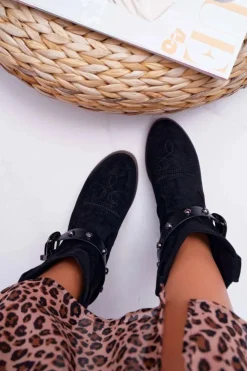 Hot Boto Botki Damskie Płaski Obcas Kowbojki z Klamrą Czarne Ewella