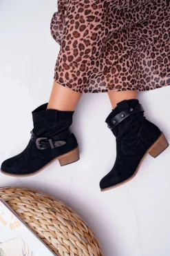 Hot Boto Botki Damskie Płaski Obcas Kowbojki z Klamrą Czarne Ewella