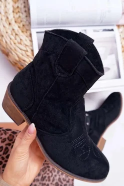 Hot Boto Botki Damskie Płaski Obcas Kowbojki z Klamrą Czarne Ewella