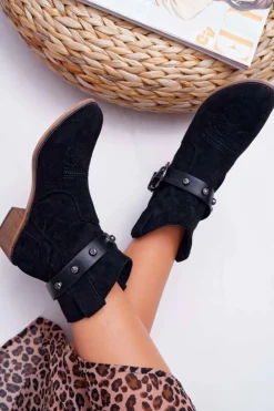 Hot Boto Botki Damskie Płaski Obcas Kowbojki z Klamrą Czarne Ewella