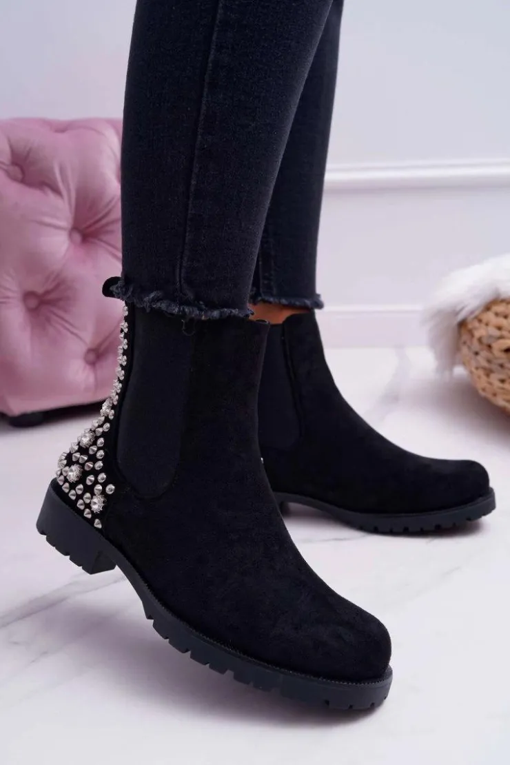 Damskie Boto Botki Damskie Płaski Obcas Dżety Ćwieki Czarne Binary