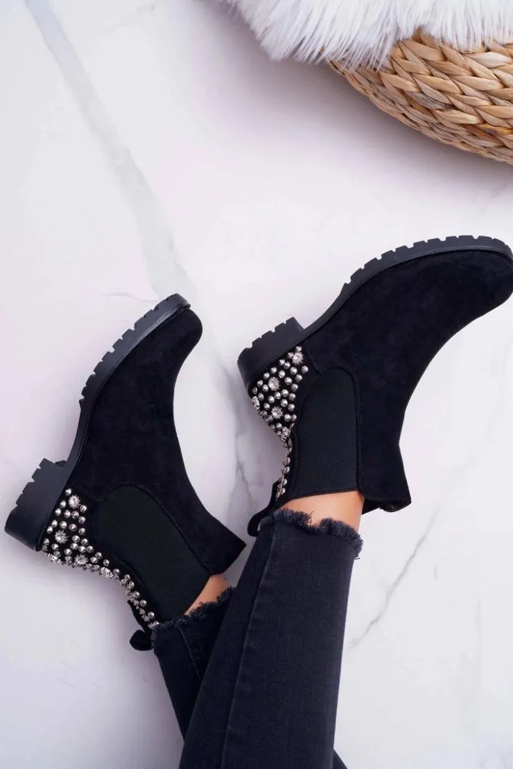 Damskie Boto Botki Damskie Płaski Obcas Dżety Ćwieki Czarne Binary