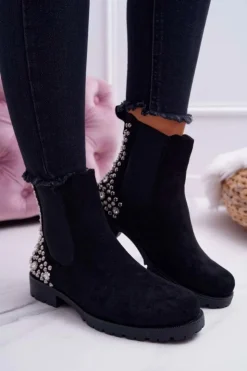 Damskie Boto Botki Damskie Płaski Obcas Dżety Ćwieki Czarne Binary