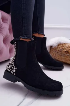 Damskie Boto Botki Damskie Płaski Obcas Dżety Ćwieki Czarne Binary