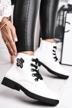 Damskie Buty Sergio Leone Botki Damskie Płaski Obcas Glany Lakierowane Białe Sergio Leone BT530