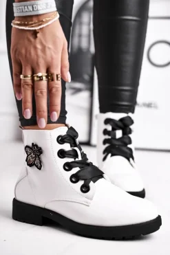 Damskie Buty Sergio Leone Botki Damskie Płaski Obcas Glany Lakierowane Białe Sergio Leone BT530