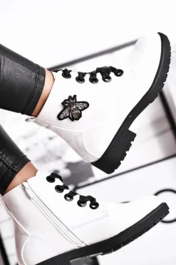 Damskie Buty Sergio Leone Botki Damskie Płaski Obcas Glany Lakierowane Białe Sergio Leone BT530