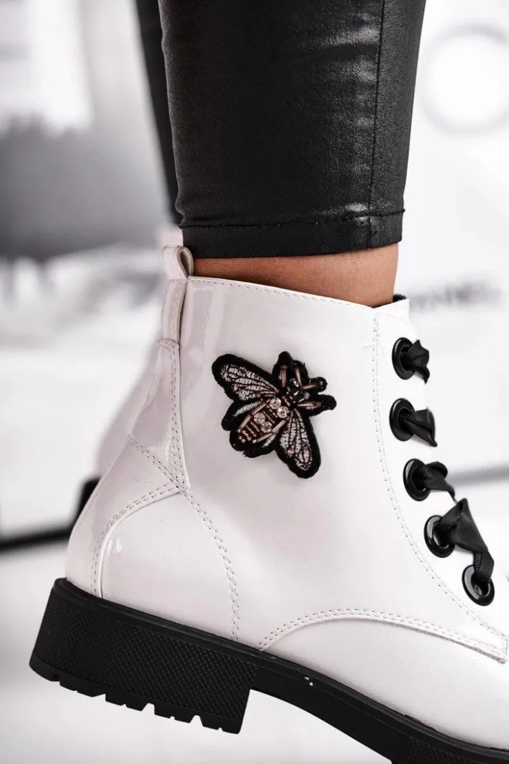 Damskie Buty Sergio Leone Botki Damskie Płaski Obcas Glany Lakierowane Białe Sergio Leone BT530