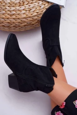 Hot Boto Botki Damskie Płaski Obcas Kowbojki Czarne Telifa