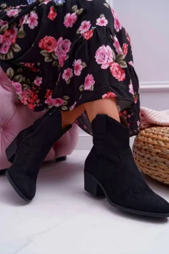 Hot Boto Botki Damskie Płaski Obcas Kowbojki Czarne Telifa
