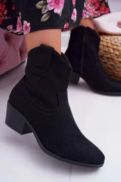 Hot Boto Botki Damskie Płaski Obcas Kowbojki Czarne Telifa