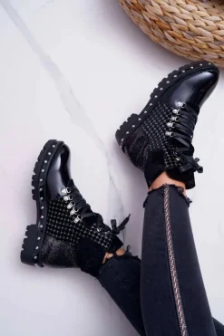 Damskie Boto Botki Damskie Płaski Obcas Czarne Farell