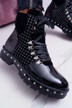 Damskie Boto Botki Damskie Płaski Obcas Czarne Farell