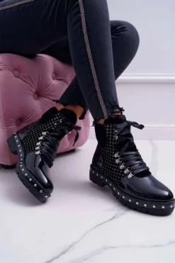 Damskie Boto Botki Damskie Płaski Obcas Czarne Farell