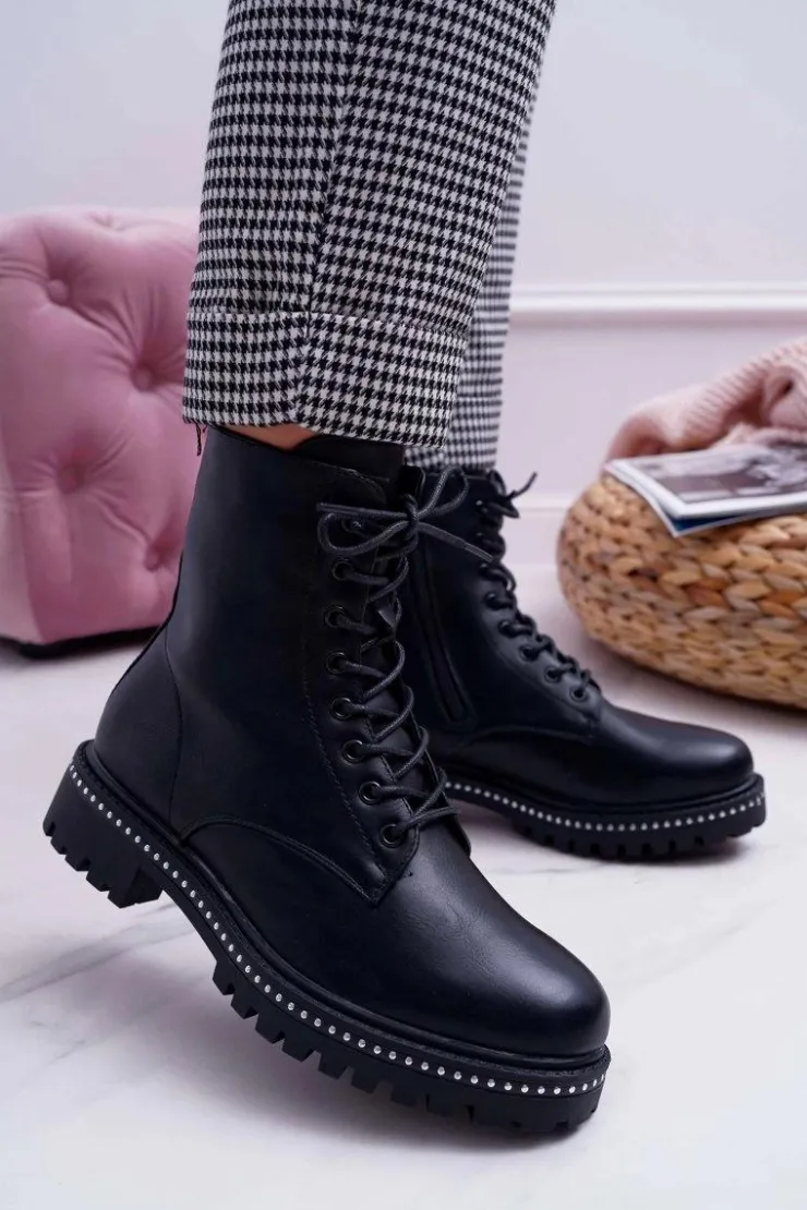 Outlet Boto Botki Damskie Płaski Obcas Wysokie Glany Czarne Hippe