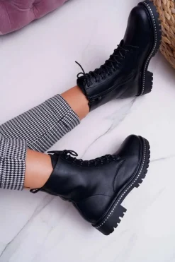 Outlet Boto Botki Damskie Płaski Obcas Wysokie Glany Czarne Hippe