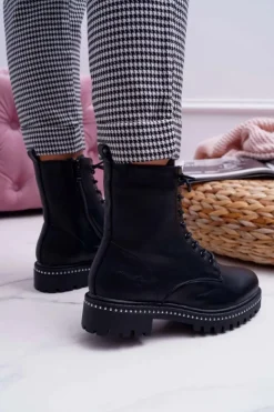 Outlet Boto Botki Damskie Płaski Obcas Wysokie Glany Czarne Hippe